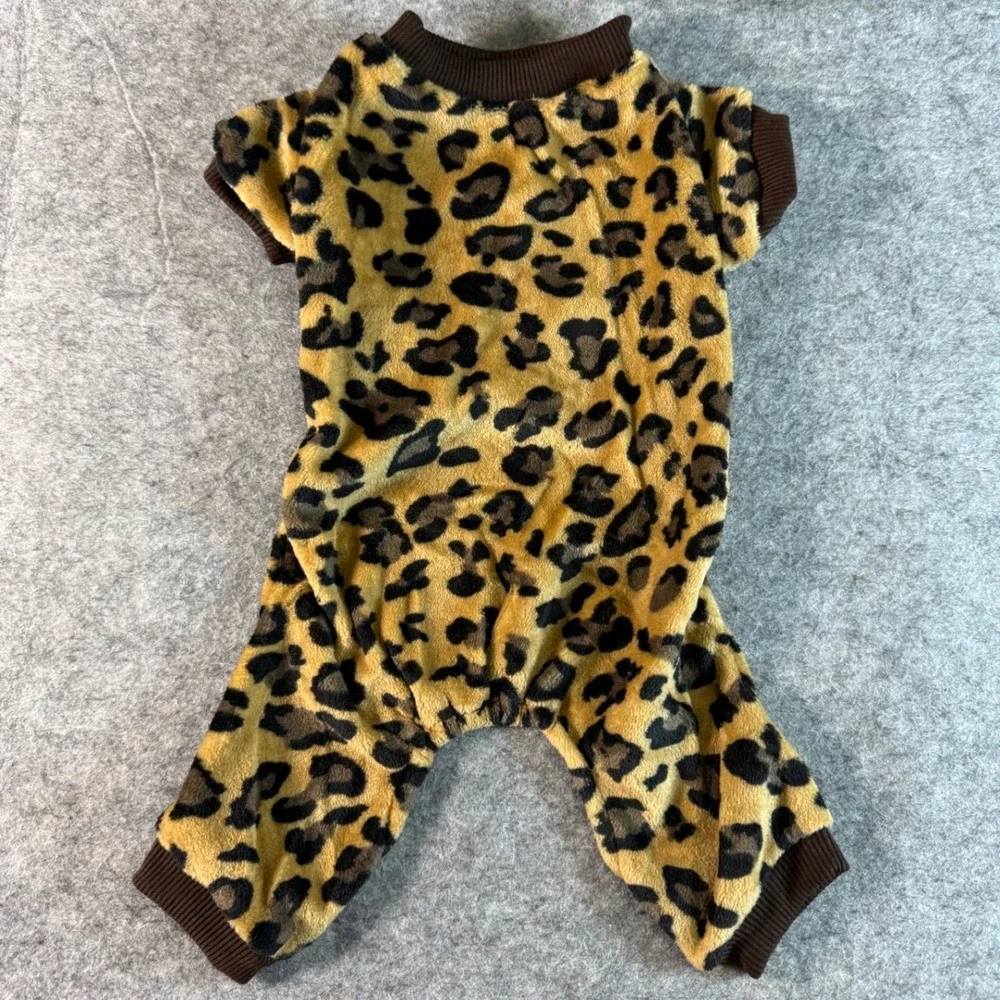 Leopard Print Fleece Pet‎ Pajamas Jumpsuit Brown Tan Animal Print Size L